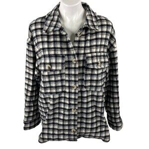 1 Funky Women Large Plaid Shacket Black White Button Front Flannel NWT